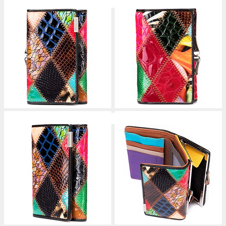 Cowhide Coin Purse for Ladies Leather Women Wallets with Patchwork Designer
