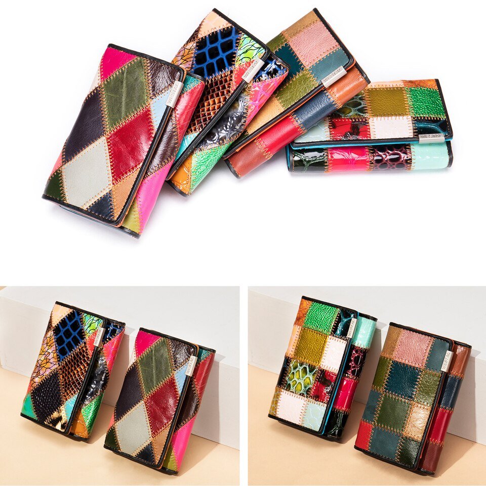Cowhide Coin Purse for Ladies Leather Women Wallets with Patchwork Designer