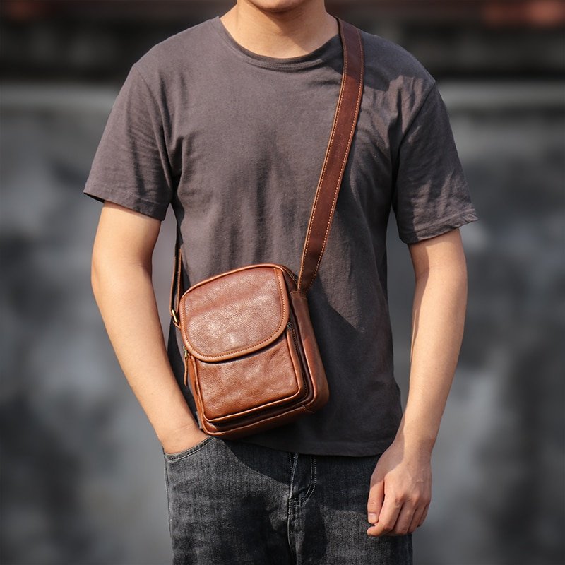 Leather Zipper Men's Shoulder Bag
