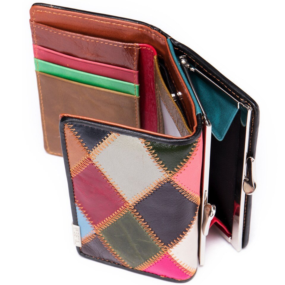 Cowhide Coin Purse for Ladies Leather Women Wallets with Patchwork Designer