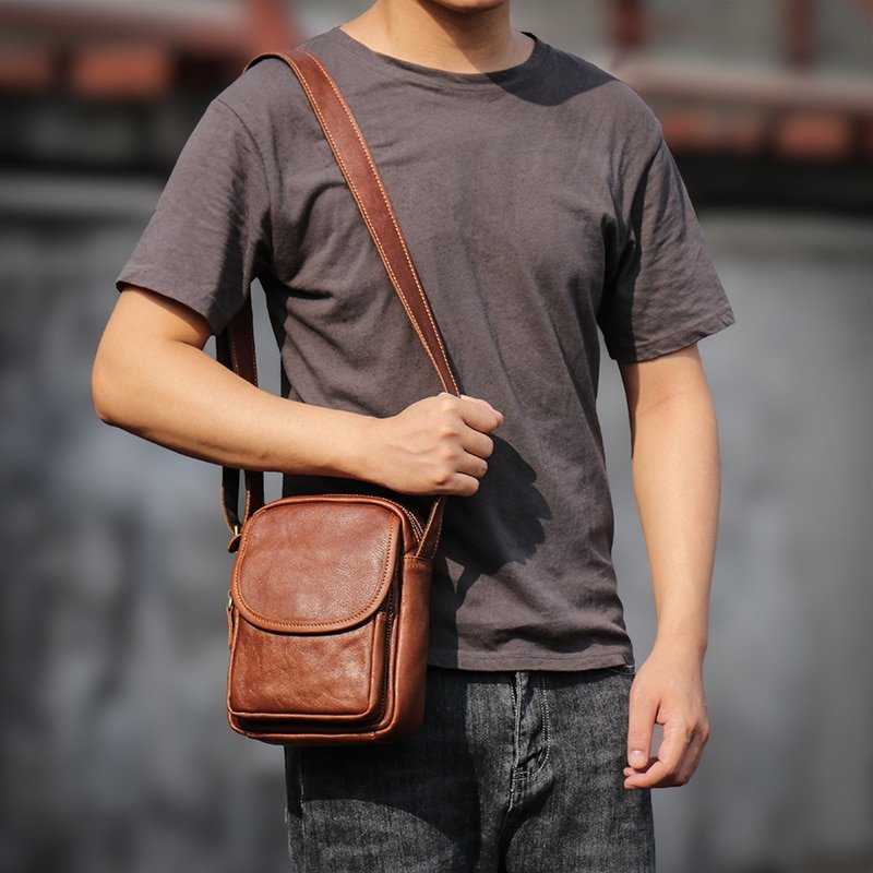 Leather Zipper Men's Shoulder Bag