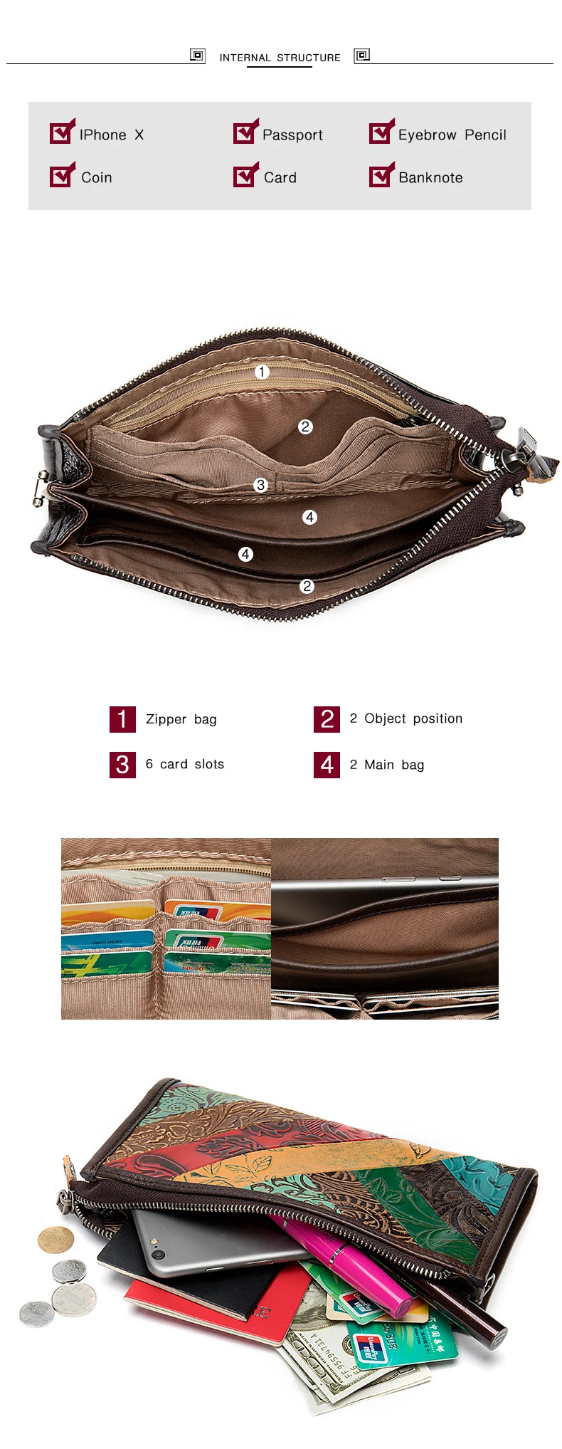 Women's Long Wallet Clutch Bag with Strap Bohemian Style
